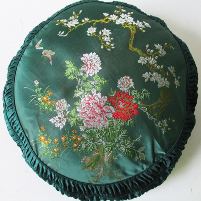 CUSHION, Asian - Round Embroidered Dark Green Silk